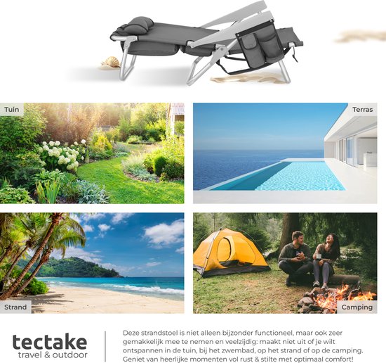 tectake® Beach Chair Coral - Chaise de camping pliable avec sac isotherme et sac de rangement - Dossier réglable en 5 directions avec coussin de tête - Accoudoirs larges avec porte-gobelet / porte-téléphone - Chaise de camping pliable - Gris