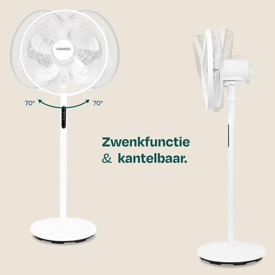 Ventilateur de sol VONROC - Ø 45,5 cm - 4 vitesses et mode veille – minuterie - réglable sur 3 hauteurs - télécommande incluse - blanc