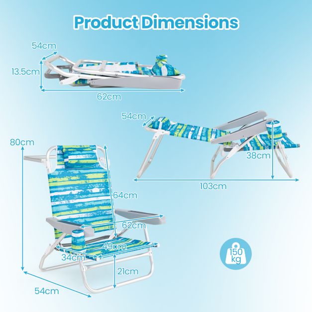 Chaises de plage pliantes Coast 62 x 54 x 80 cm - Lot de 2 - 5 positions - Porte-gobelet - Vert