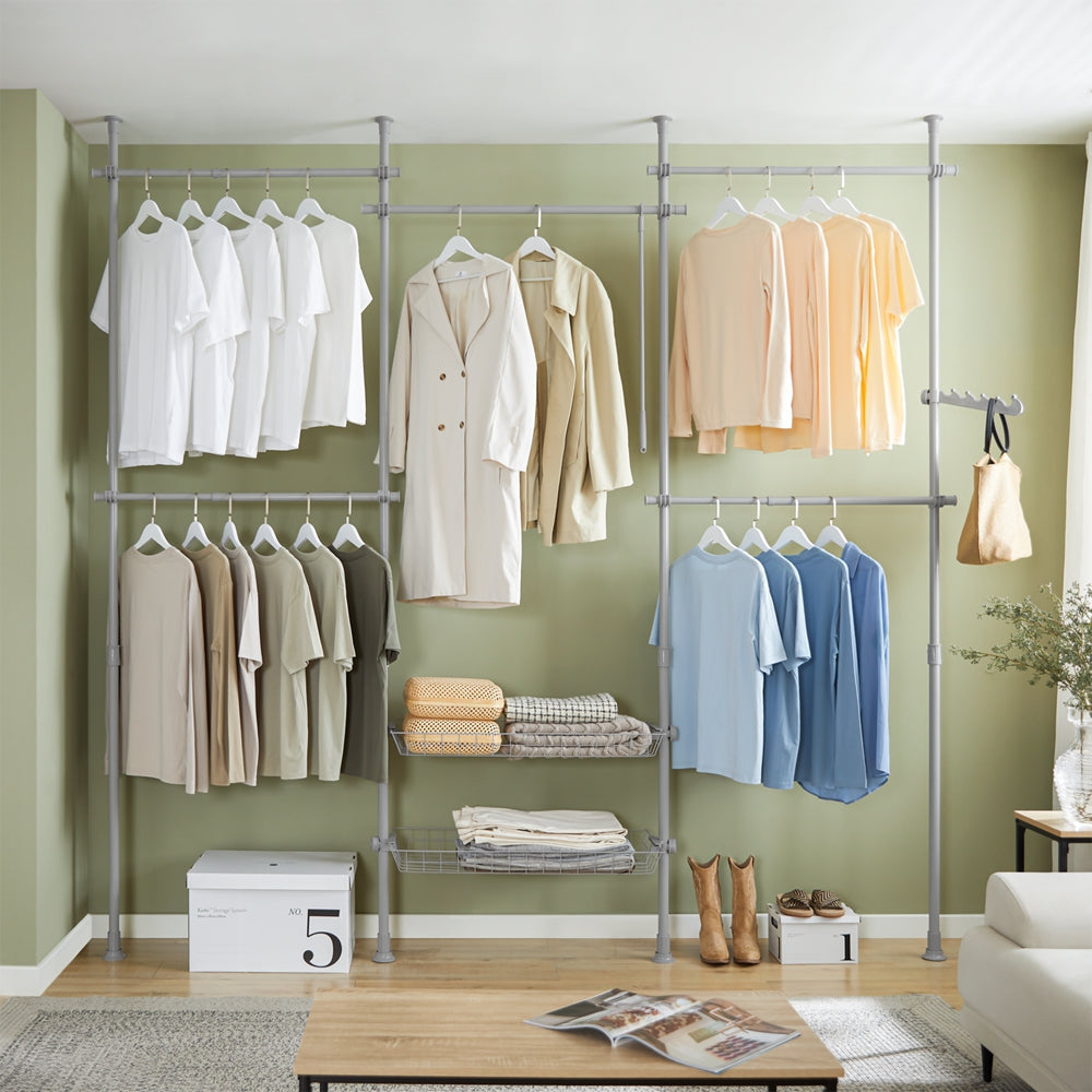 SoBuy Portemanteau - 5 tringles à linge et 2 paniers - réglable - 209-305 x 200-270 cm