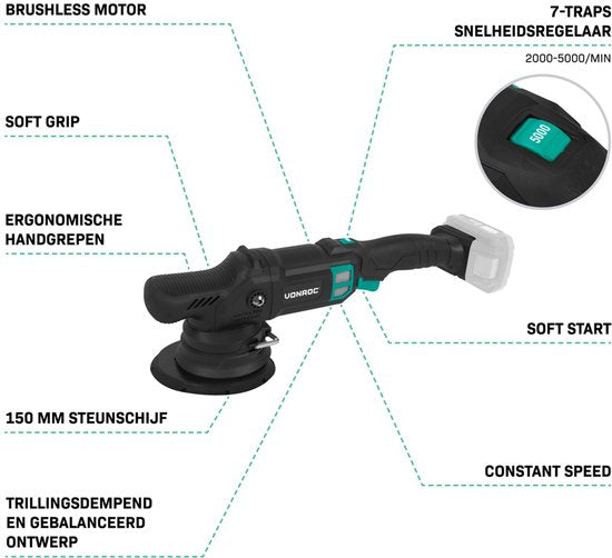 VONROC PRO Polisseuse 20V - Ø 150mm - Moteur sans balais - Démarrage progressif - Tampon d'appui inclus - Batterie et chargeur rapide inclus