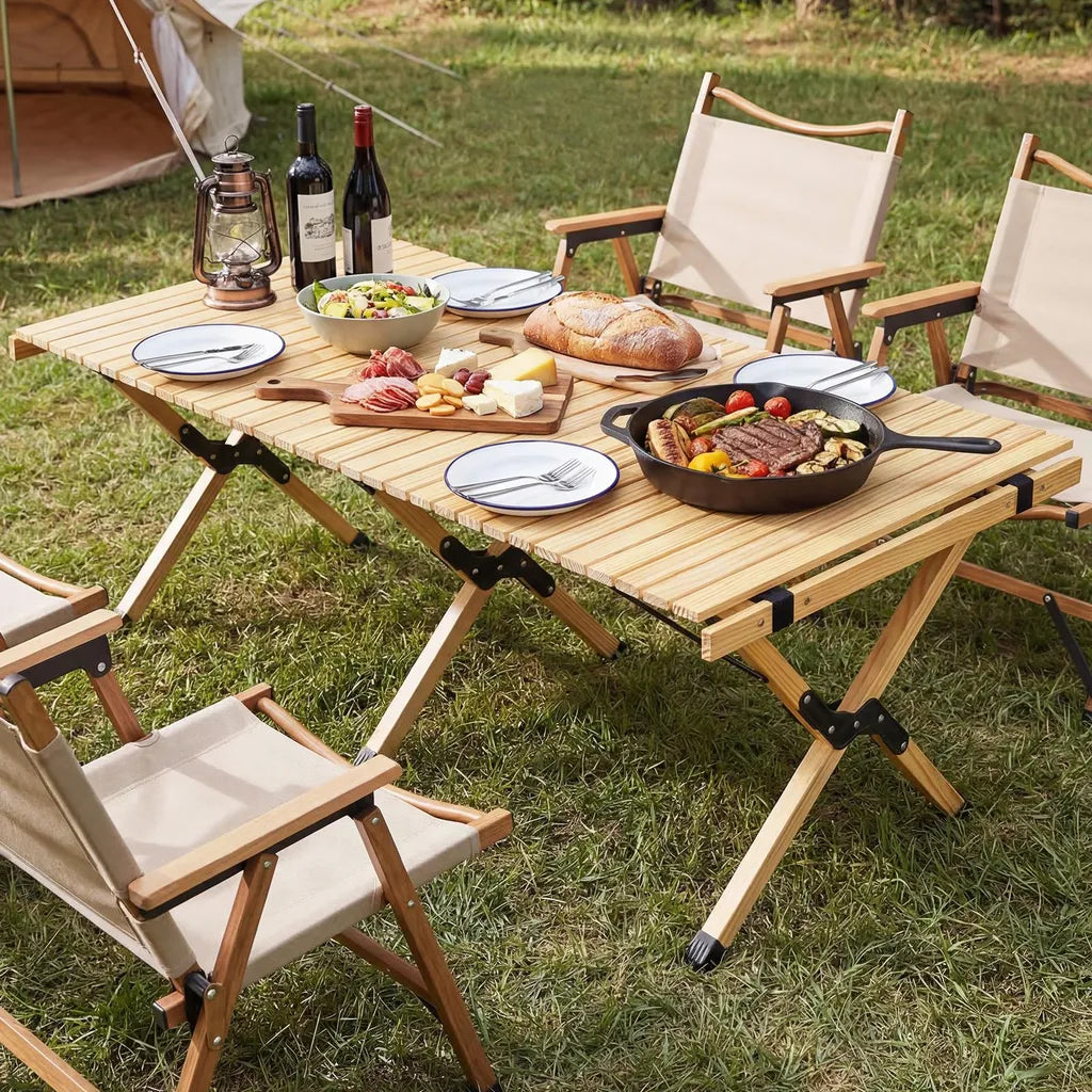 Table de camping pliable Coast 122 × 60 × 45 cm – Table de pique-nique en bois pour 4 à 6 personnes avec plateau enroulable et sac de transport – Naturel