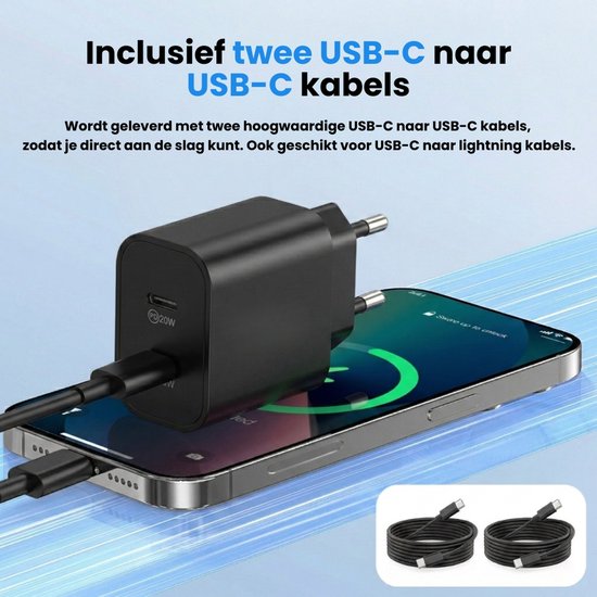 Faas USB C Charger - Chargeur rapide - 40W - 2x 20W Port - 2 câbles - 1.5 mètres - USB C Cable - USB C to USB C - Black