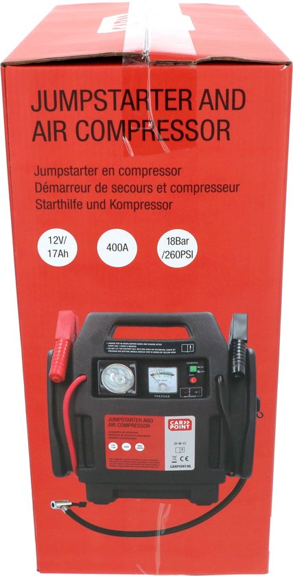 Carpoint Jumpstarter - 12 Volt - Avec compresseur d'air - Puissance de pointe 400A - Chargement avec adaptateur 230 Volt ou 12 Volt - Pression maximale du compresseur 18 BAR/260 PSI - Eclairage LED intégré - Dimensions 365x345x175mm