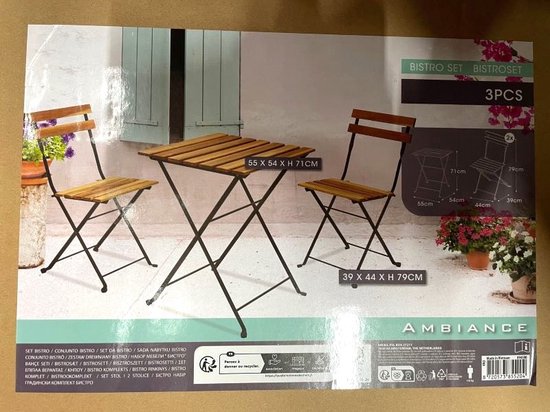 Ambiance Ensemble bistrot -2 chaises 39x44xH79 cm1 table 55x54xH71cm- aspect teck- pliable -métal -bois FSC