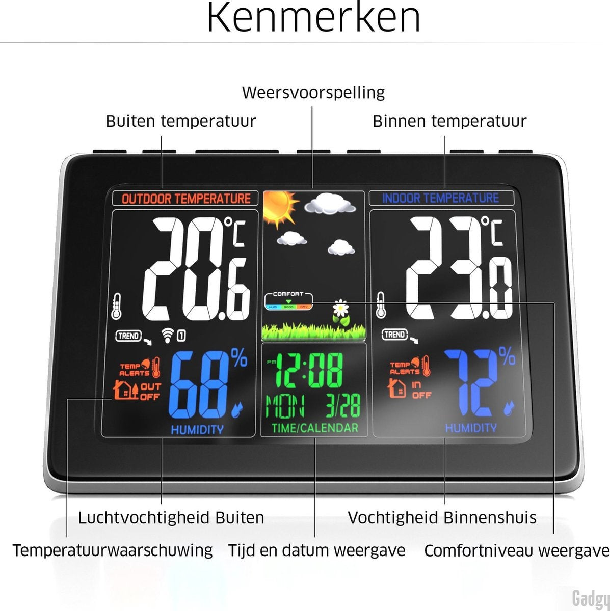 Gadgy Weerstation binnen en buiten - Draadloos weerstation met Buitensensor - Waterdichte buitenunit - Digitaal Weerbericht