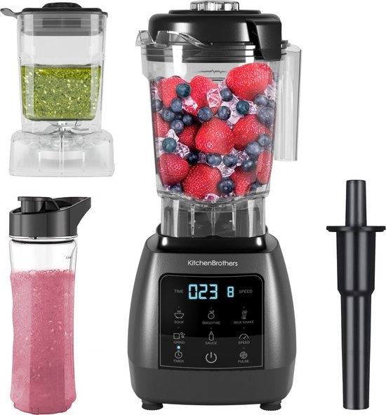KitchenBrothers 2-in-1 Power Blender - 1600W - 2L - Ensemble complet avec hachoir et gobelet - Smoothie Maker - Ice Crusher - Gris Métallique