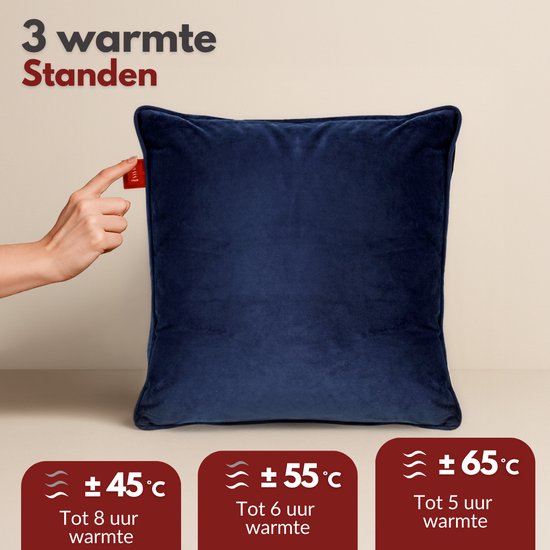 Coozie Rechargeable Heat Pillow - Sans fil et filaire - 45-65°C - Velours - 45 x 45 cm - Bleu foncé - Oreiller électrique - Powerbank incluse - Jusqu'à 8 heures de chaleur