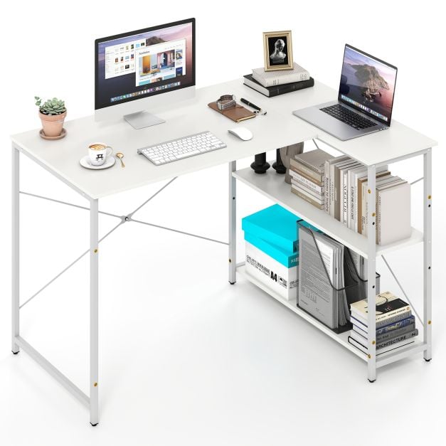 Bureau d'angle réversible en L Coast avec 2 étagères – 118 x 86 x 74 cm – Blanc