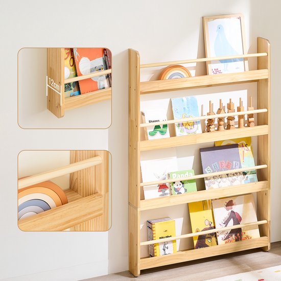 SoBuy KMB08-N Bibliothèque pour enfants, 4 niveaux, meubles, rangement, jouets, bibliothèque, meuble de rangement, étagère, chambre, nature, 80 x 12 x 118 cm