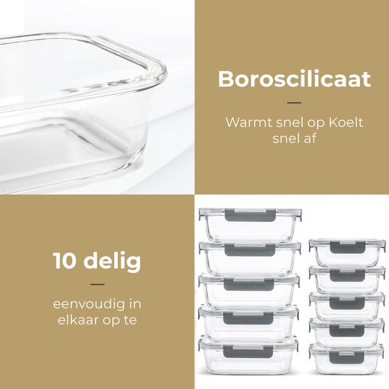 Stosh Plateaux pour préparation de repas - Plateaux pour aliments frais - Plateaux pour congélation - 10 pièces - 5x1050ML & 5x350ML - Sans BPA - Verre