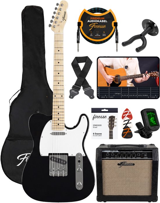 Guitare électrique Finesse avec ampli - avec cours vidéo - TE Guitare - Adultes - Enfants - Noir