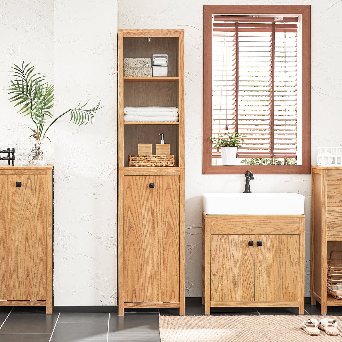 SoBuy BZR95-N Meuble de salle de bain - Meuble haut en bois composite avec étagères et panier à linge