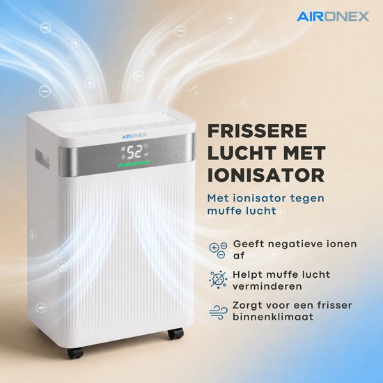 Déshumidificateur Aironex 20 L par jour – Fonction de séchage du linge – Jusqu'à 70 m² – Silencieux – Avec application et ioniseur – Pour cave, salon, chambre et salle de bains – Déshumidificateur