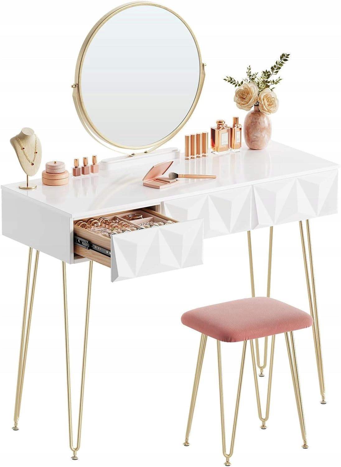 Kochamy Meble Coiffeuse avec miroir 3D et tabouret - Blanc - 106 x 79 x 40 cm