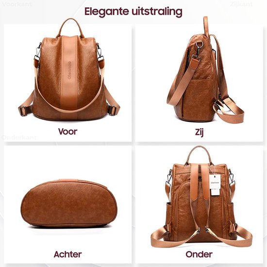 Glennoo Anti-theft Backpack Ladies - Sac à dos pour dames - Cuir PU - Marron