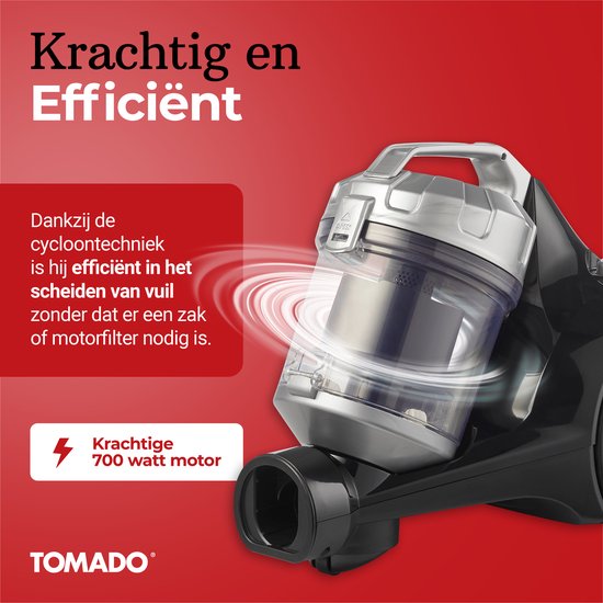 Tomado TVC2001B - Aspirateur sans sac - 2 litres - Sans sac - Filtre HEPA 12 - Léger - Noir