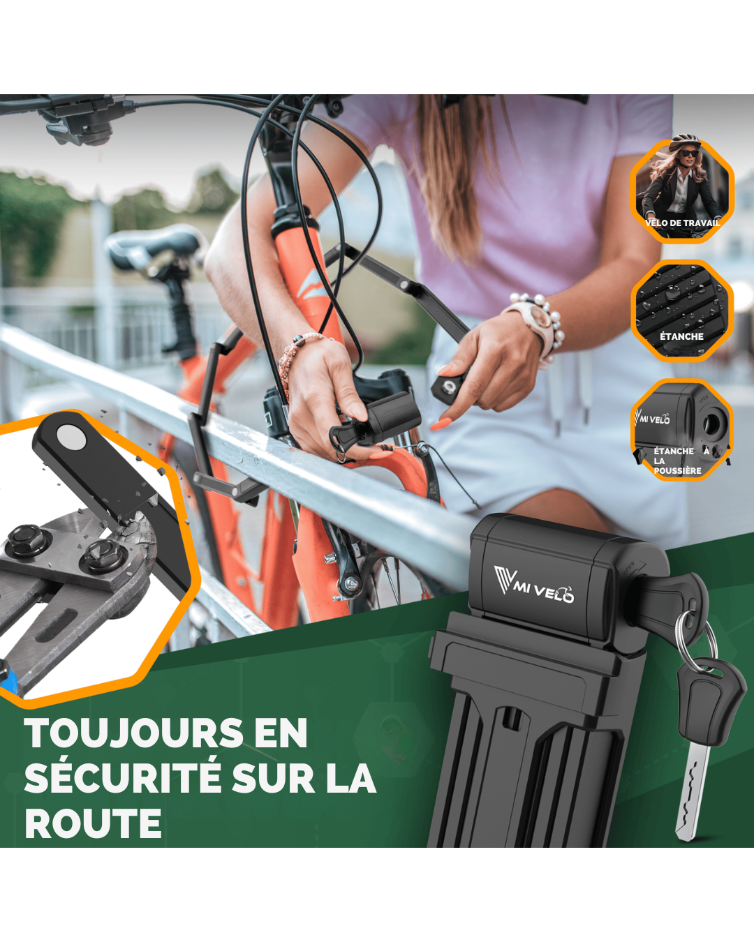 Antivol Vélo Pliant 120 cm - Mivelo – Acier Carbone – Haute Sécurité avec Clé – Support Inclus – Noir