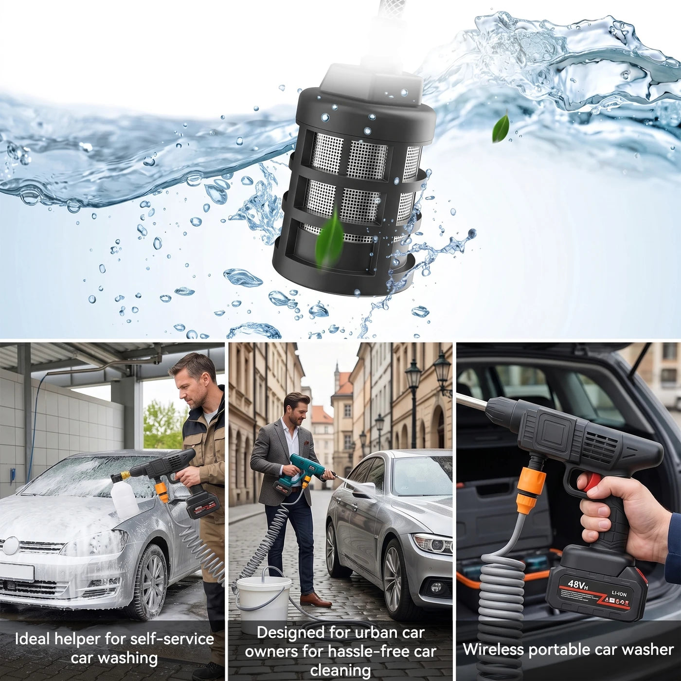 Nettoyeur haute pression sans fil - 1 500 W - Batterie au lithium - Tuyau d'arrosage de 5 mètres - Pour la voiture, la terrasse et le jardin