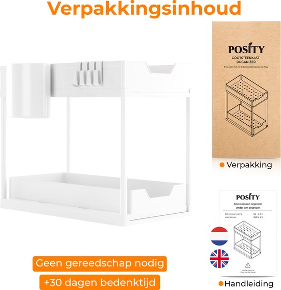 Posity Rangement pour évier - Rangement pour armoire de cuisine - Tiroir coulissant - Rangement pour armoire - Rangement pour salle de bain - Rangement pour comptoir - 2 tiroirs coulissants - Blanc