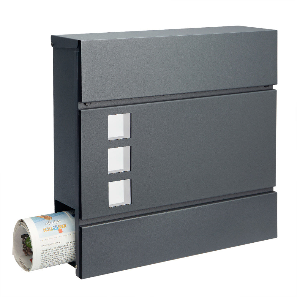 Boîte aux lettres design anthracite avec compartiment à journaux et fenêtres transparentes