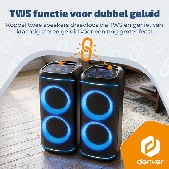 Enceinte Bluetooth Denver Party Box - Lumières disco - Partybox - Microphone inclus - Haut-parleur - BPS470