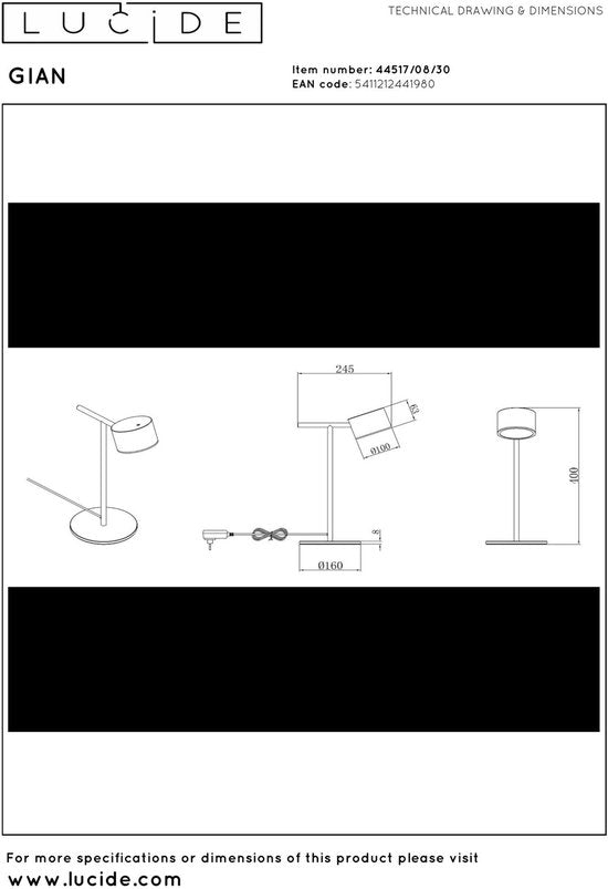 Lucide GIAN - Lampe de table - LED à intensité variable - 1x9 W 2700 K - Noir