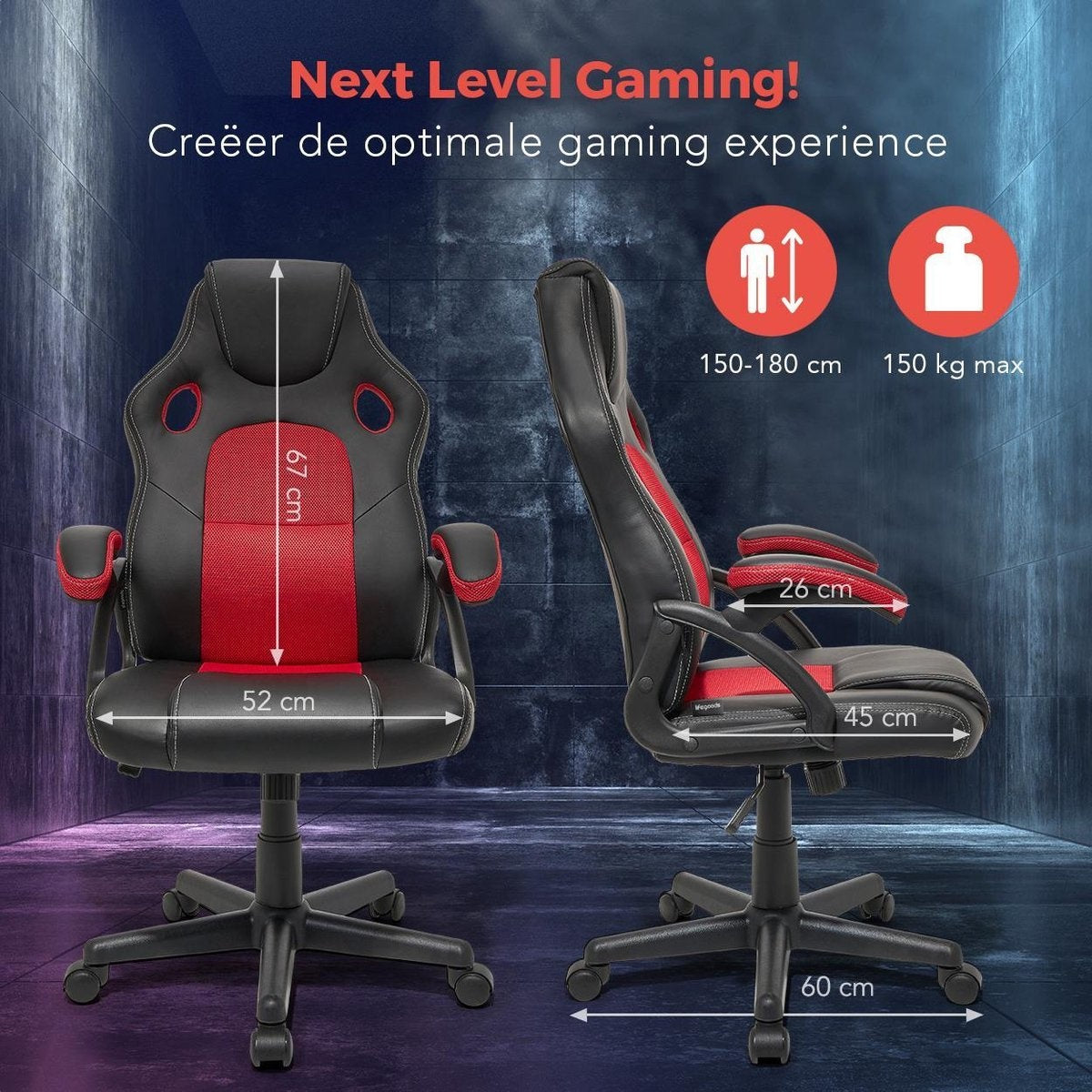LifeGoods Chaise de jeu - réglable - cuir synthétique - rouge/noir
