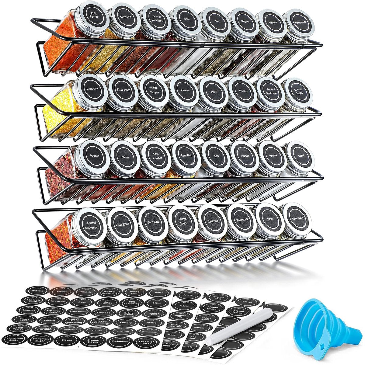 SV Living Support à épices noir 37,3x11,9x6 cm - 32 pots à épices en verre avec accessoires - à suspendre avec ou sans perceuse