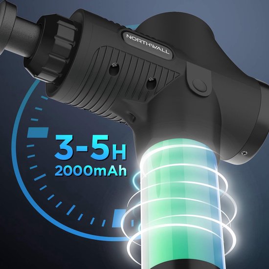 Pistolet de massage Northwall - avec étui et 6 accessoires - Appareil de massage sportif et de relaxation puissant et sans fil - noir