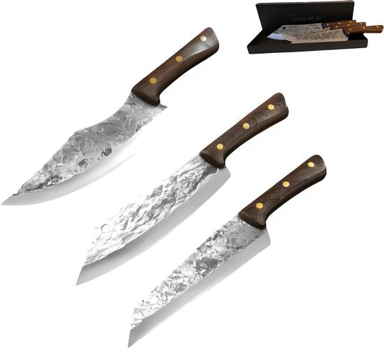 Set de couteaux de qualité japonaise - Couteau de chef et hachoir Premium - Set de couteaux 3 pièces avec impression Damas - Manche en chêne poli
