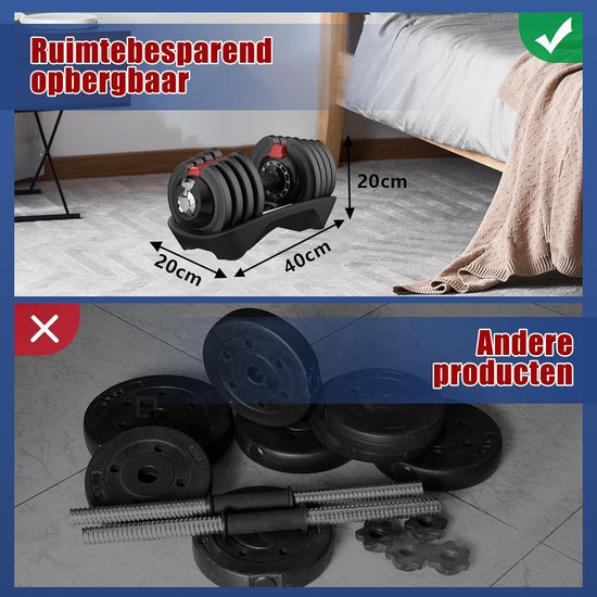 Haltères réglables DH FitLife - 1,5 à 18 kg - Réglage du poids 12 en 1 - Peu encombrants - Pour la musculation à domicile