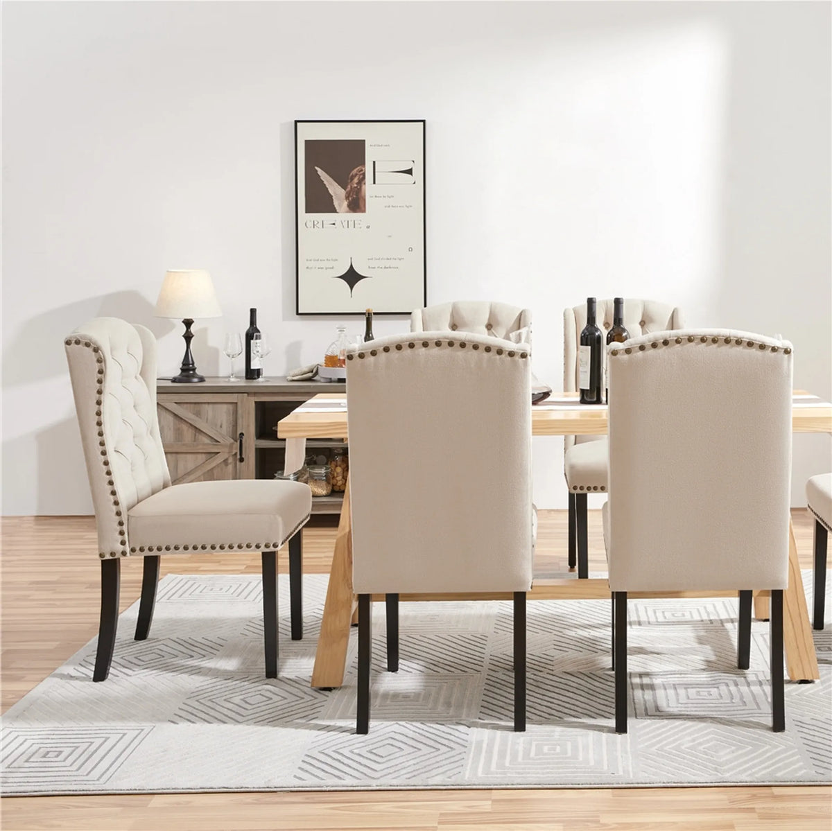 Lot de 2 chaises de salle à manger vintage rembourrées, avec pieds en bois et clous décoratifs, couleur beige
