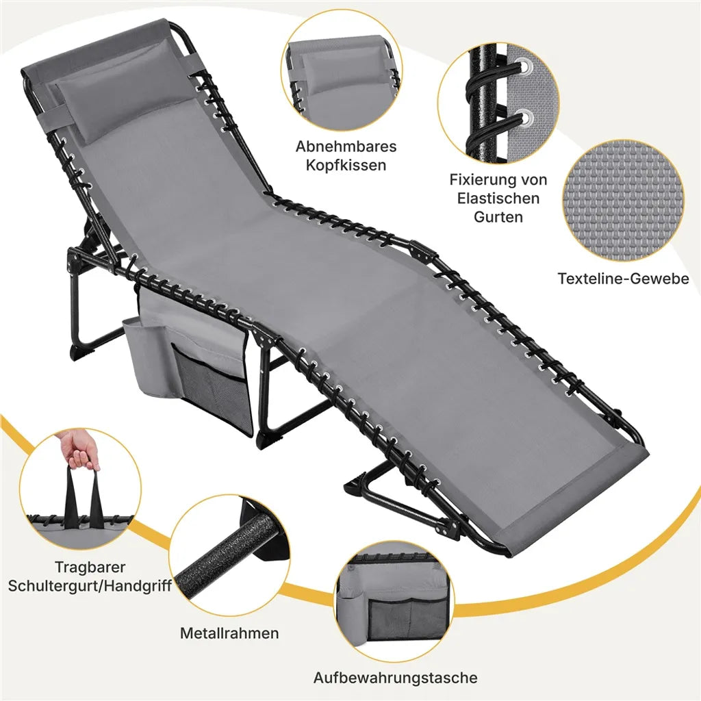Chaise longue pliable Yaheetech 189 cm - Grise - Chaise longue de plage réglable avec oreiller et compartiment de rangement