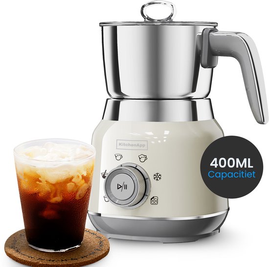 KitchenApp Retro Milk Frother carafe en acier inoxydable - Sans PFAS - Lavable au lave-vaisselle - Beige