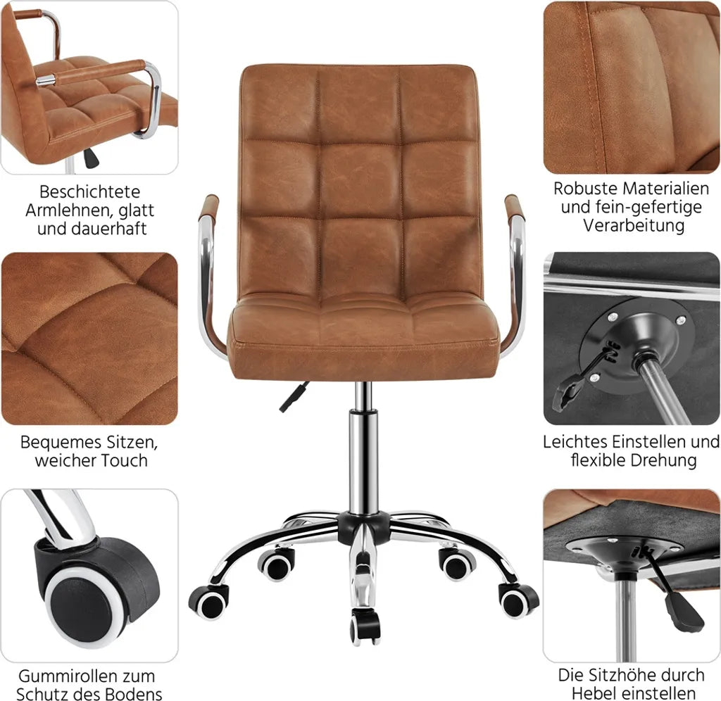 Chaise de bureau Yaheetech en similicuir avec accoudoirs - Réglable et pivotante - Marron rétro