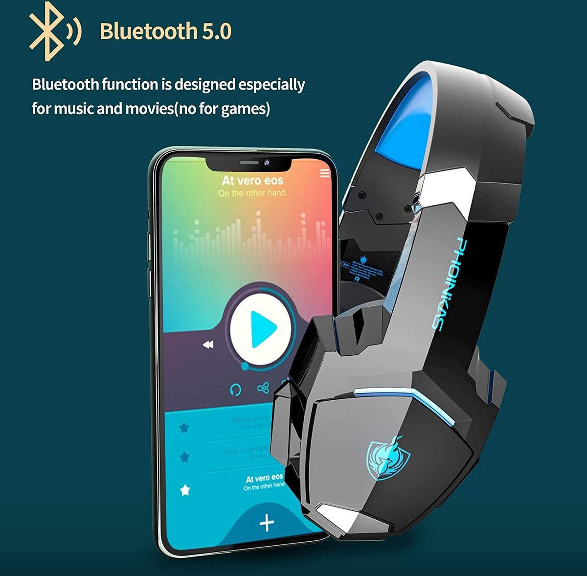 PHOINIKAS G9000 BT Bluetooth Laptop Gaming headset with microphone Over-ear Headphones -Black blue