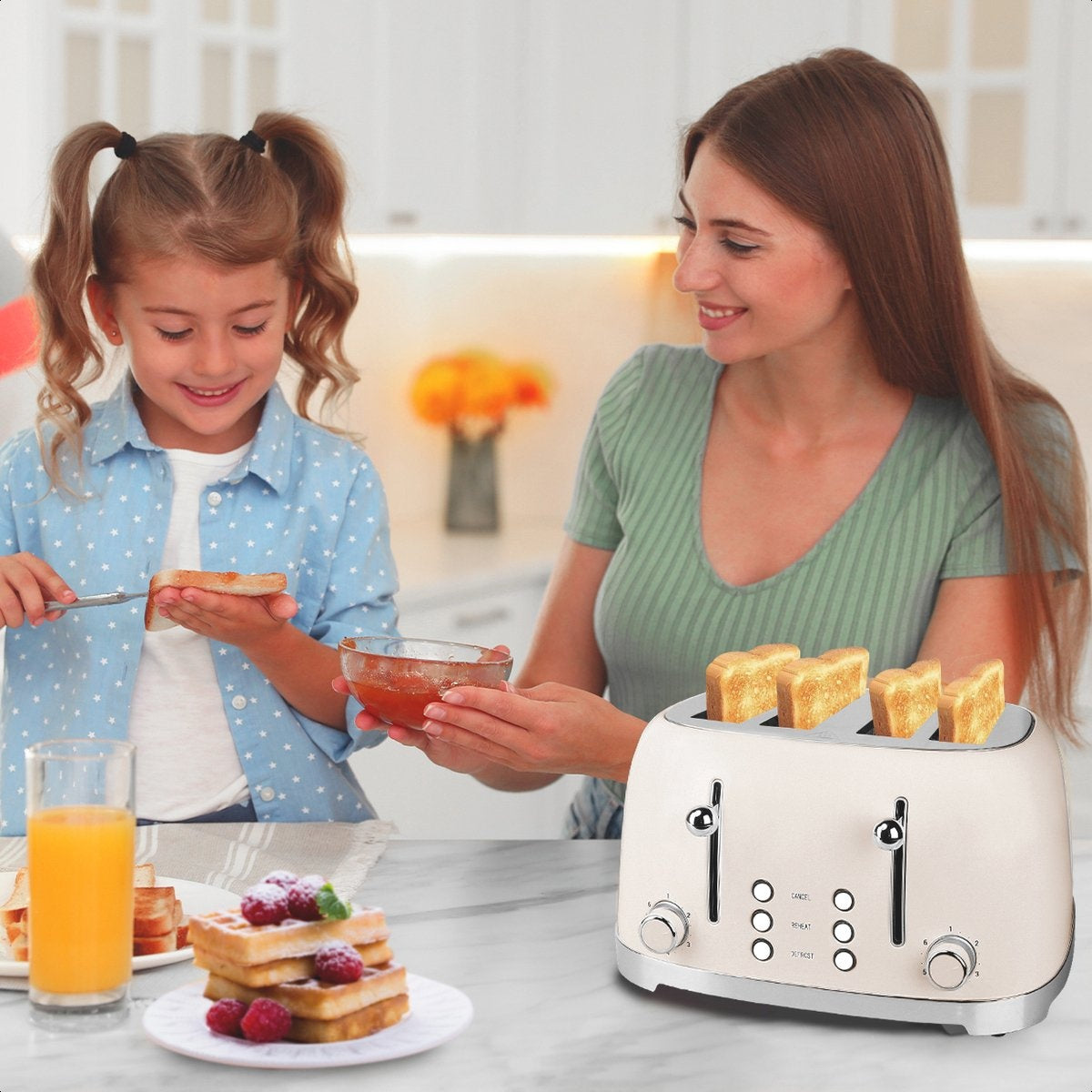 KitchenBrothers Retro Toaster - Grille-pain - 6 niveaux de chaleur - 4 fentes extra-larges - 1630W - Beige