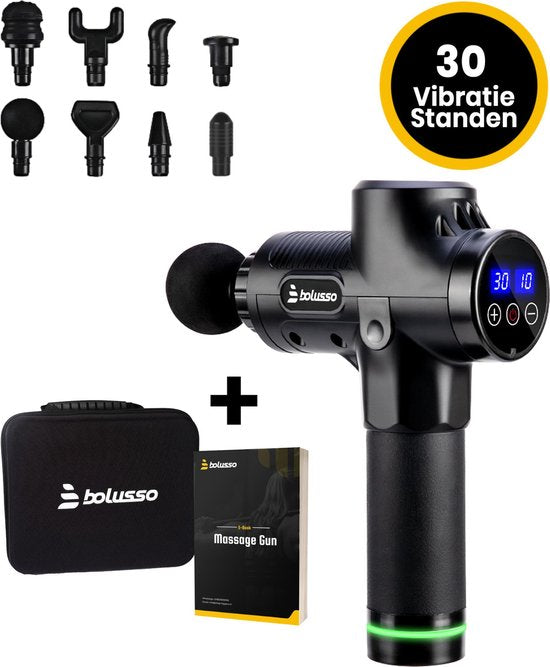 Bolusso Premium Massage Gun - Massage sportif et relaxant - Appareil de massage - 8 embouts - 30 modes - Professionnel - E-book gratuit