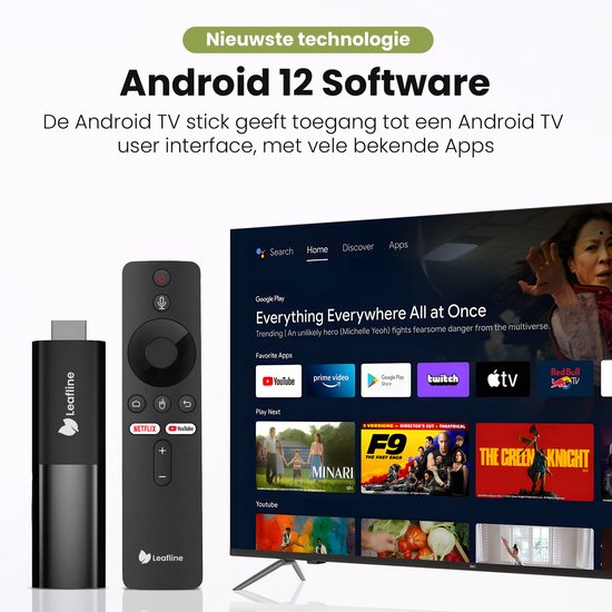 Leafline® Android TV Stick - Google TV Streamer - Chromecast intégré - Android TV Box - Avec télécommande et contrôle vocal