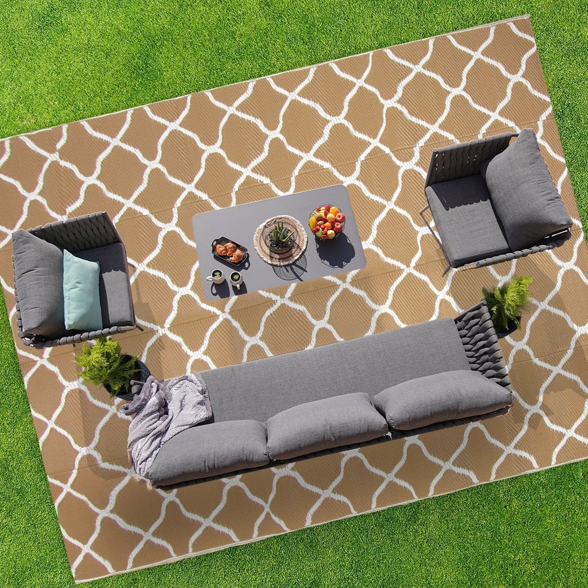 LifeGoods Tapis d'extérieur - 274x350CM - Tapis de jardin - Réversible - Sac de transport inclus - Avec motif - Beige/Blanc
