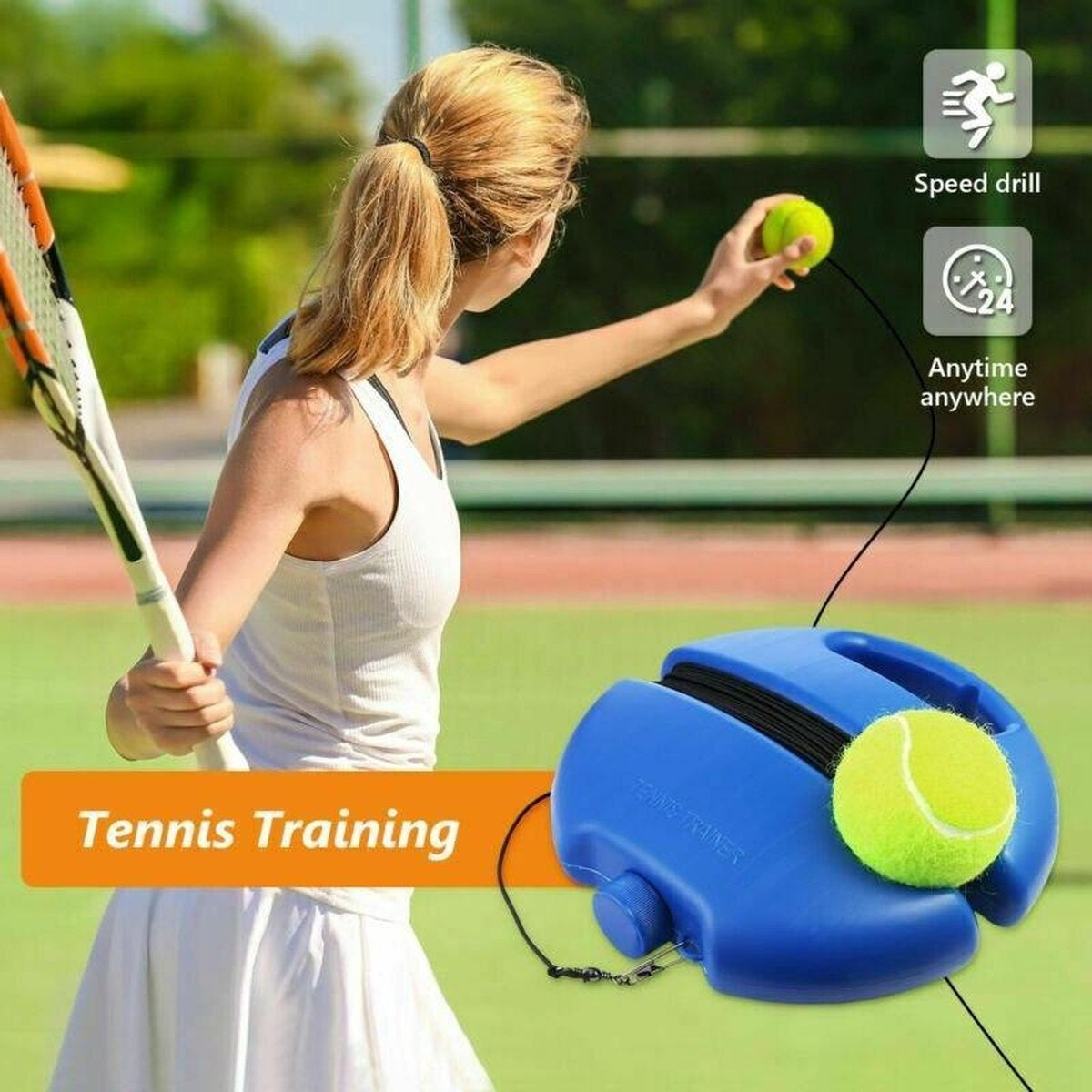 FitPure Tennis Trainer + balle de tennis GRATUITE avec élastique - Entraînement de tennis pour l'intérieur et l'extérieur - Très robuste - Facile à utiliser