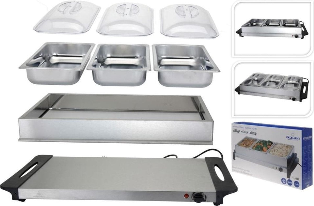 Chauffe plat et assiette - Excellent Electrics - Plaque Chauffante - Acier inoxydable - 300W - 53 x 35 x 10cm