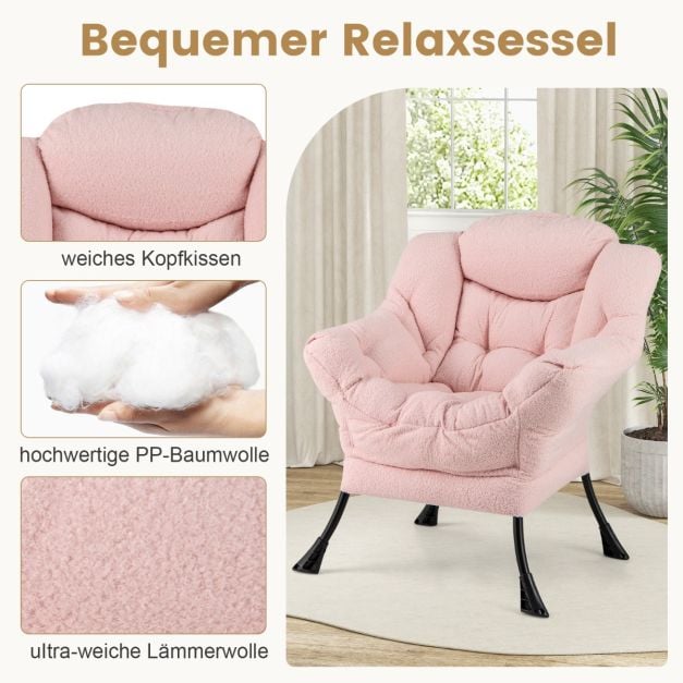 Fauteuil de détente Coast rose avec accoudoirs, coussin d'appui-tête et poche latérale – Fauteuil de détente avec repose-pieds en option – Sherpa – Rose
