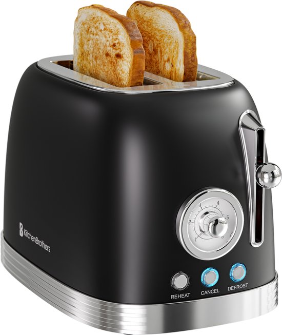 KitchenBrothers Retro Toaster - Grille-pain - 6 niveaux de chaleur - 2 fentes extra-larges - 815W - Noir