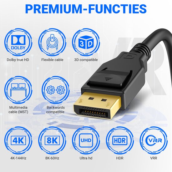 Câble DisplayPort 1.4 - mâle vers mâle - 8K 60Hz - 4K 144Hz - câble DP - 3 mètres