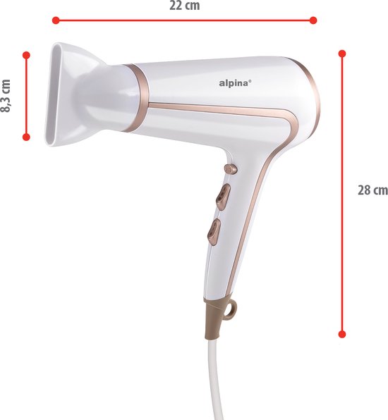 alpina Föhn 1600-2000 W - Sèche-cheveux avec 3 réglages de chaleur - Sèche-cheveux avec fonction « Cool Shot » - Sèche-cheveux avec embout supplémentaire et anneau de suspension - Blanc/Rosé