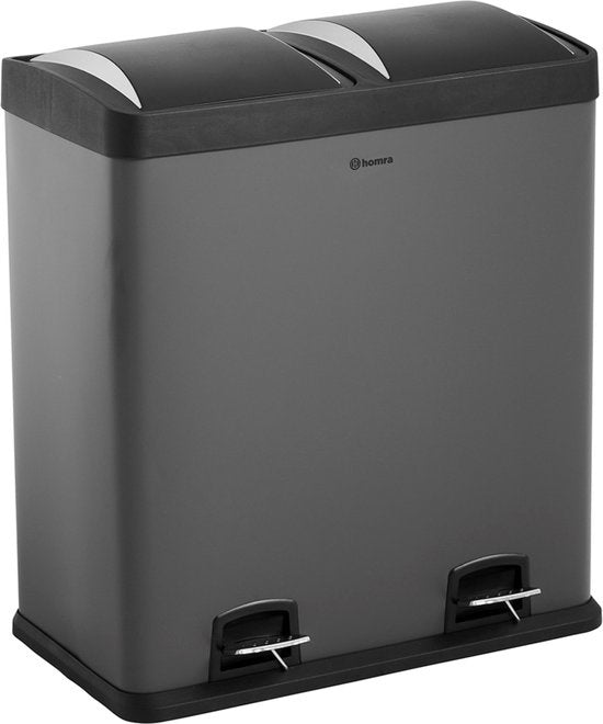 Homra NEVIQ Poubelle à tri sélectif AVEC 2 compartiments - Capacité 2 x 30 L - Poubelle à pédale duo - Gris
