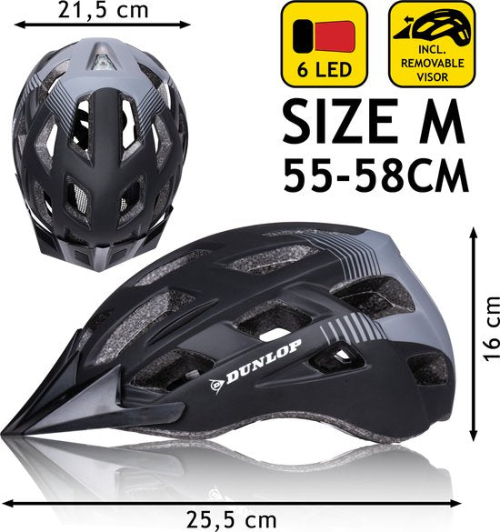 Dunlop Bicycle Helmet - Casque VTT - Taille M - Ajustable 55-58cm - Eclairage LED - Noir