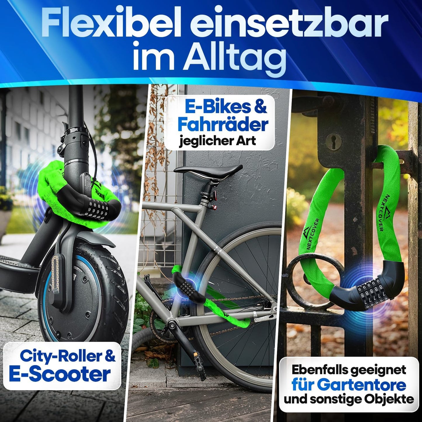 NEXTCOVER® Cadenas pour vélo LockOne avec clé - haute sécurité - robuste et durable - 3 clés - Vert